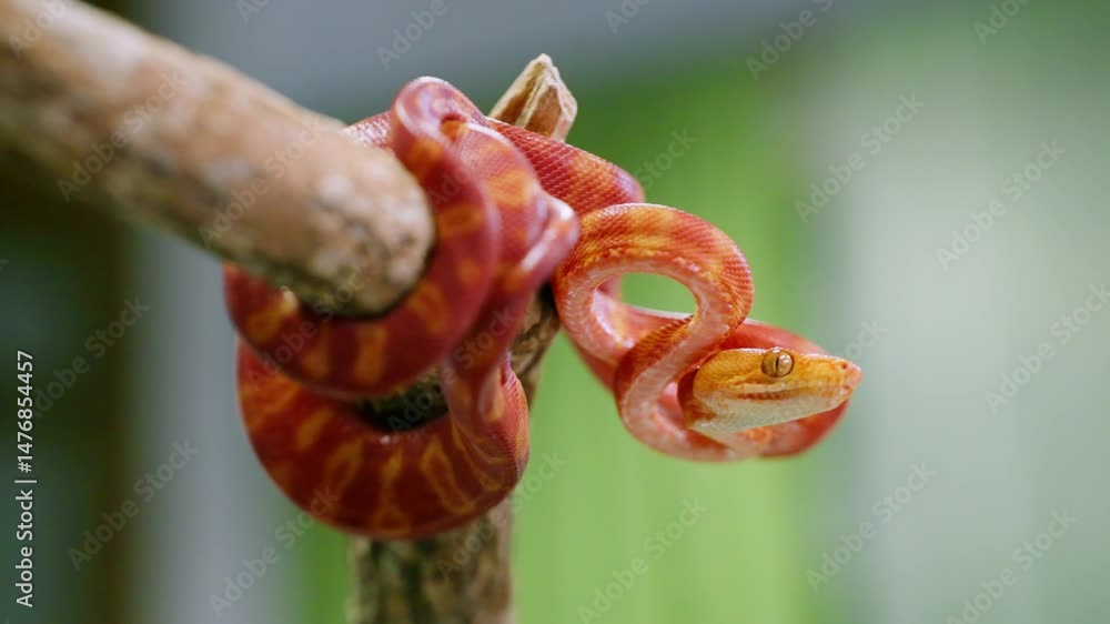 Poster bright red snake twisting on a branch in slow motion with vibrant colors and texture