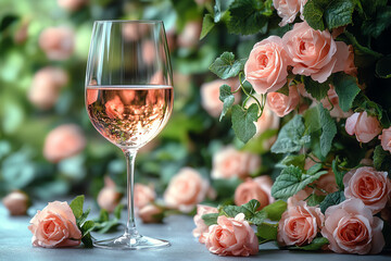 Elegant glass of rose wine surrounded by beautiful pink roses, creating a romantic and serene atmosphere.