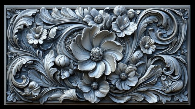 Intricate silver floral carving, leaves and flowers in bas relief style. Use as background, wallpaper, ornament for classic designs, or texture.