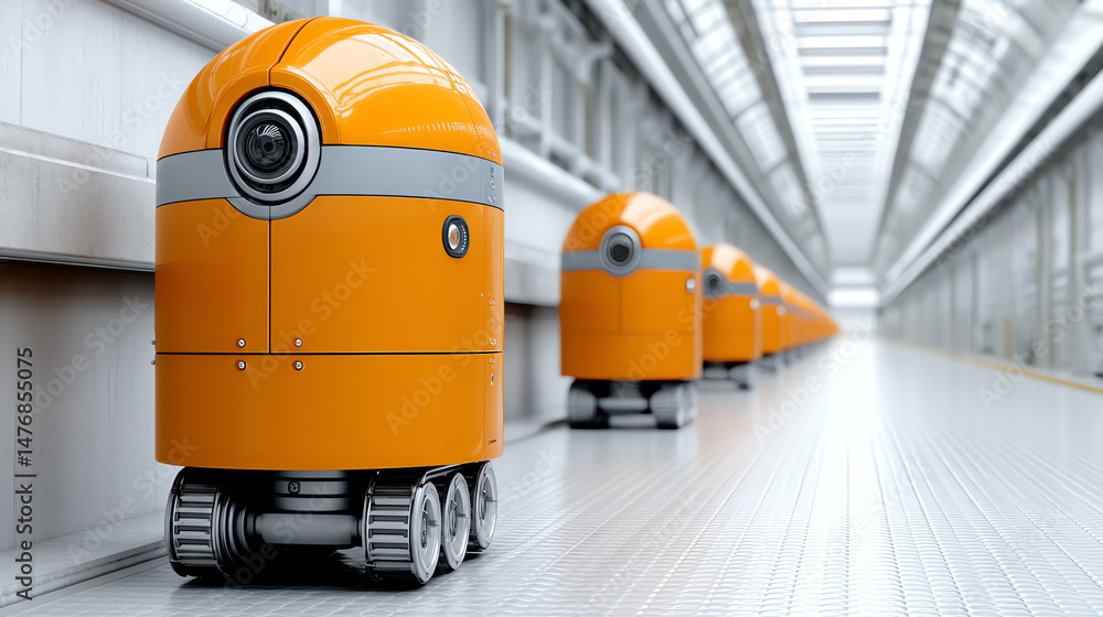 Poster Futuristic orange robots lined up in a modern, sleek environment, showcasing advanced technology and automation.