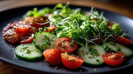 Salad with Tomatoes, Cucumbers, Sprouts, Greens and Glazed Meat on Black Plate