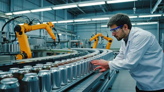 Worker at a soft drink can plant.