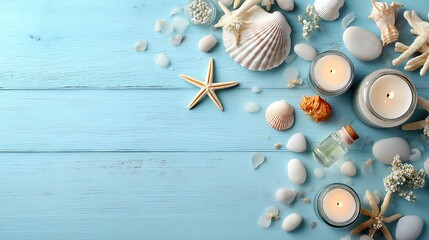 Plakat Top-down view of summer spa flatlay with seashells, white stones, starfish, candles, and essential oils on a pastel blue wooden background, clean composition with empty space in the center for