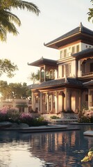 Obraz premium Traditional asian house with landscaping and pool