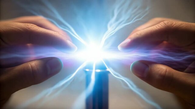 Feng shui and Energy ,Hands harnessing electric energy with blue lightning, showcasing power of technology and dynamic innovation.