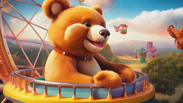 A cheerful bear delights in a vibrant amusement park, surrounded by butterflies and trees.