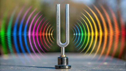 Feng shui and Energy ,Colorful Tuning Fork Emitting Sound Waves and Vibrations, Showcasing Resonance in Musical Metal Instrument