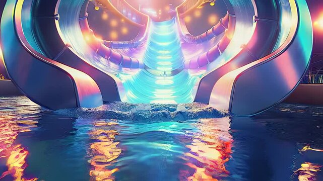Enjoy watching joyful moments of a playful penguin riding a water slide at an amusement park.