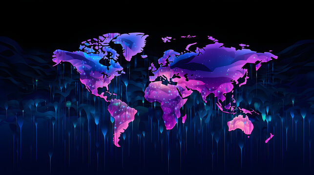 Glitch World Vector Map with Distorted Background and Glow Effect for Creative Projects