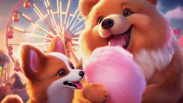Two cute cartoon animals delight in cotton candy at a colorful amusement park filled with joy.