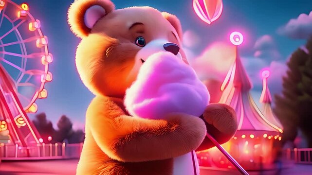 A fluffy cartoon bear delights in cotton candy at a vibrant amusement park under a blue sky.