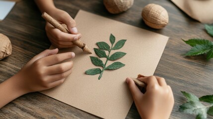 eco-friendly classroom art, school kids joyfully engaged in creating colorful earth-themed crafts from recycled materials, captured in a high-gloss overhead shot