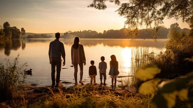 A family enjoying a tranquil evening by the lake during sunset, harmonizing with nature.