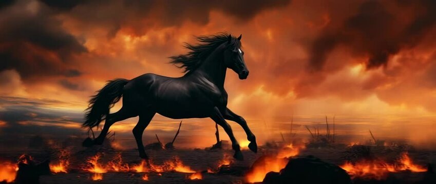 A magnificent black horse gallops through a dramatic fiery landscape at sunset.