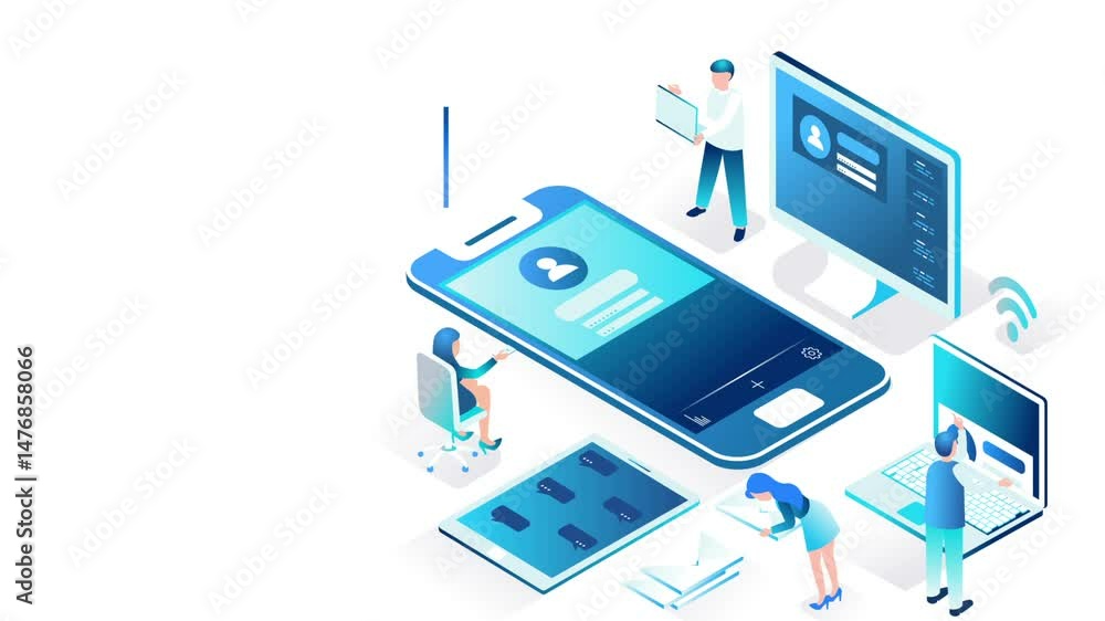 Aufkleber digital interaction and communication in modern virtual office space concept
