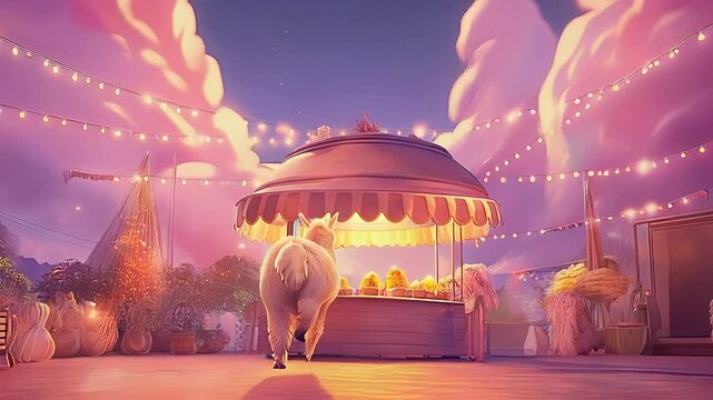 Witness a charming alpaca running through colorful stalls under twinkling lights at dusk.