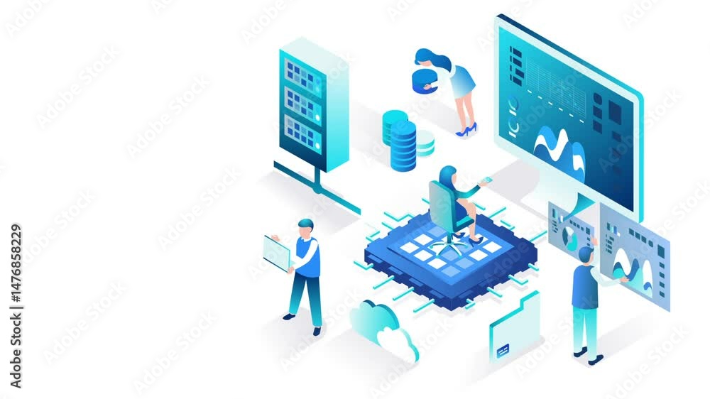 Poster futuristic office scene with data analysis and team collaboration