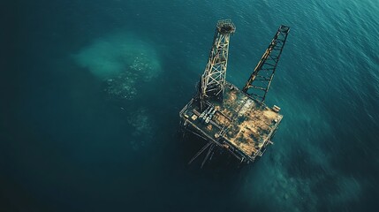  An abandoned oil rig in the ocean leaking crude oil 