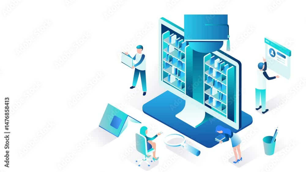 Poster educational technology concept with digital learning and interactive e-learning environment