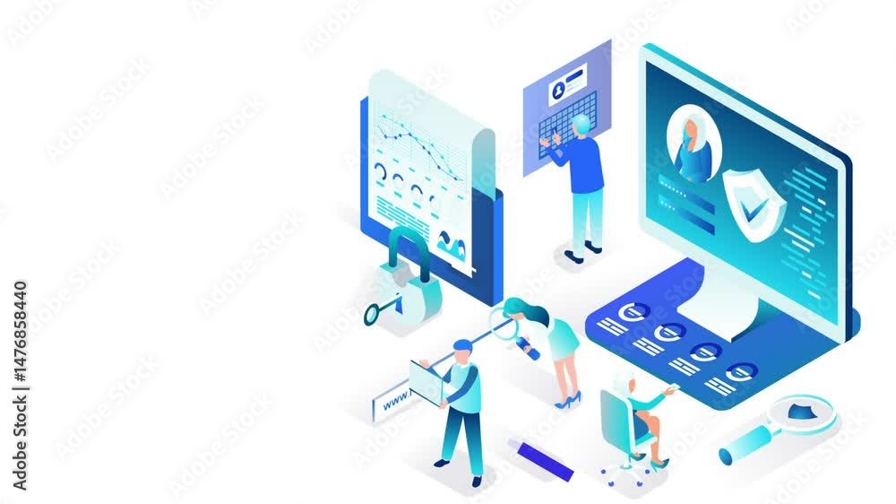 Poster isometric illustration of digital workflow with data analytics and remote team collaboration