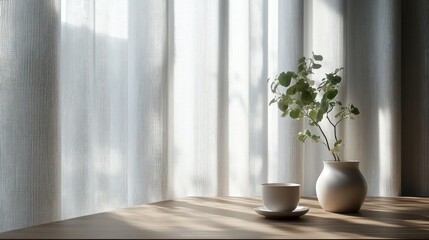 Tranquil morning light streams through sheer curtains, illuminating a simple arrangement of a small vase and teacup on a light-colored wooden table