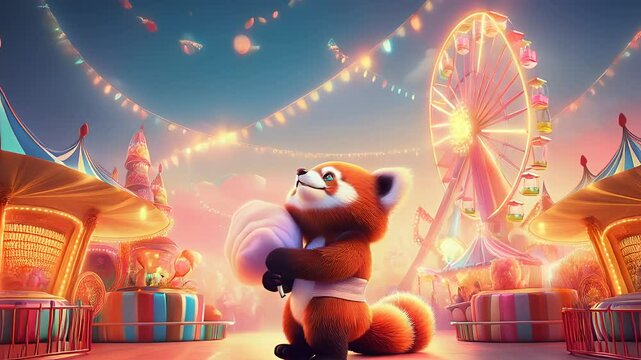 A cute red panda delights in cotton candy at a vibrant amusement park filled with fun.
