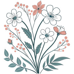 Elegant Hand-Drawn Botanical Flower Illustration with Soft Pastel Colors