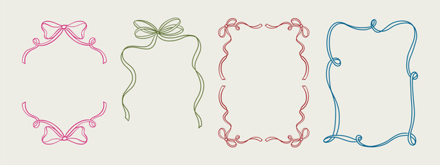 Set of elegant whimsical hand-drawn pink blue orange green color frames with wavy squiggle curly ribbons in trendy, vintage styles. Perfect for quirky holiday, wedding, birthday gift decorations