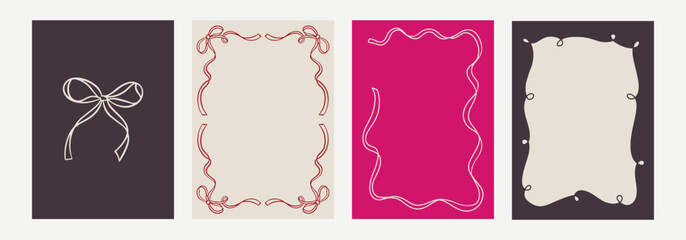 Set of elegant whimsical hand-drawn spring frames with wavy squiggle curly ribbons in trendy, vintage styles. Perfect for quirky holiday, wedding, bachelorette invitation