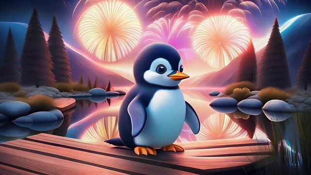 A cheerful penguin surrounded by firework lights and laughter in the park.