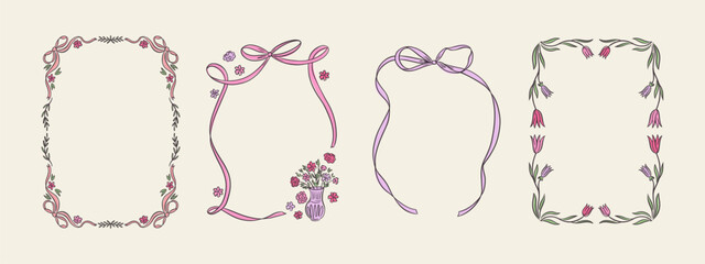 Set of spring whimsical hand-drawn pink blue orange green color frames with flowers and bows in trendy, vintage styles. Perfect for quirky holiday, wedding, birthday gift decorations.