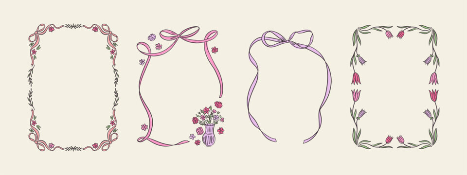 Set of spring whimsical hand-drawn pink blue orange green color frames with flowers and bows in trendy, vintage styles. Perfect for quirky holiday, wedding, birthday gift decorations.
