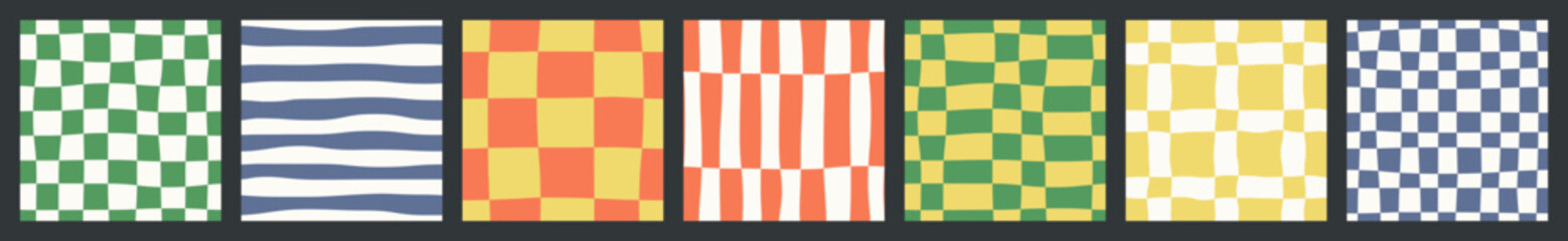 Set of abstract modern seamless multicolor minimalist simple geometric patterns on dark gray background; red, blue, yellow and green colors; hand drawn illustrations, flat style