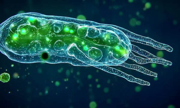 Microscopic view of a glowing bacterium with green luminescent features in a vibrant background