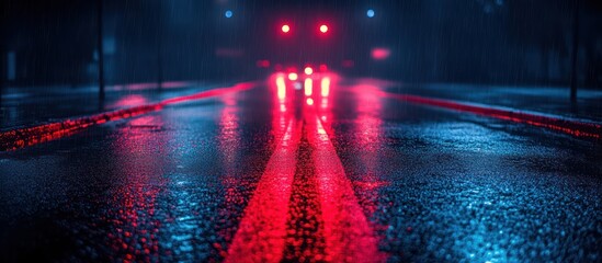 Rainy Road at Night with Red Lights