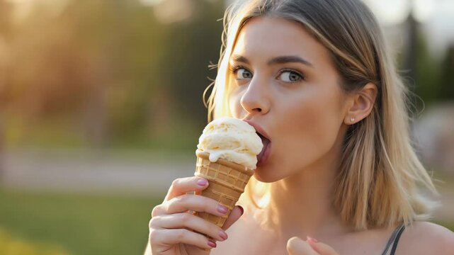Woman bites vanilla cone at sunset park, ice cream bite cools warm air, grin grows as drips follow next ice cream bite, stroll continues wrapped in carefree ice cream bite joy.
