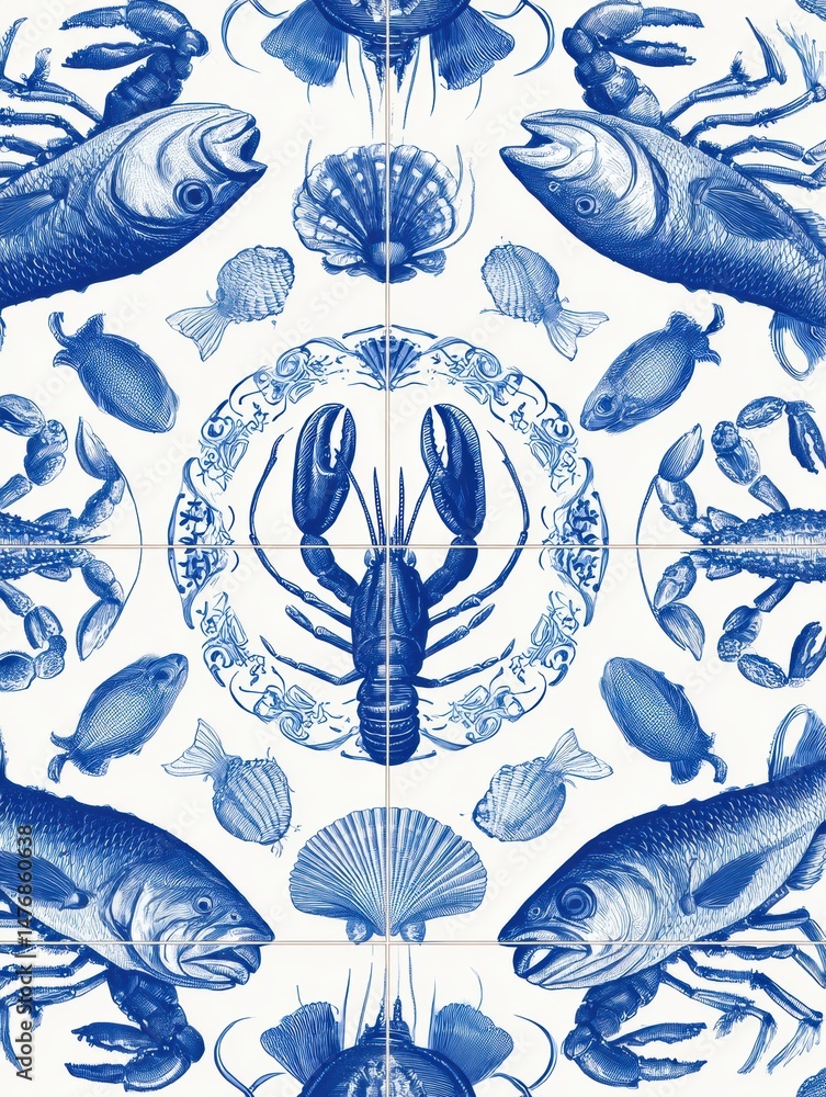 Poster colorful tiled seafood illustrations create a decorative repeating pattern with a central focus on a