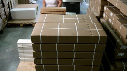 Single cardboard box sliding down a large stack of other boxes in a warehouse or storage facility
