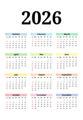 Calendar for 2026 isolated on a white background