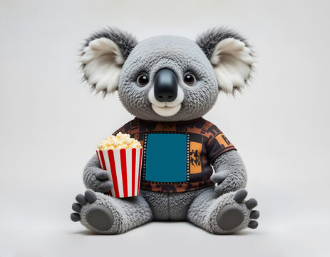 Cute koala wearing a movie shirt, sitting with popcorn, ready for a film on a plain background.