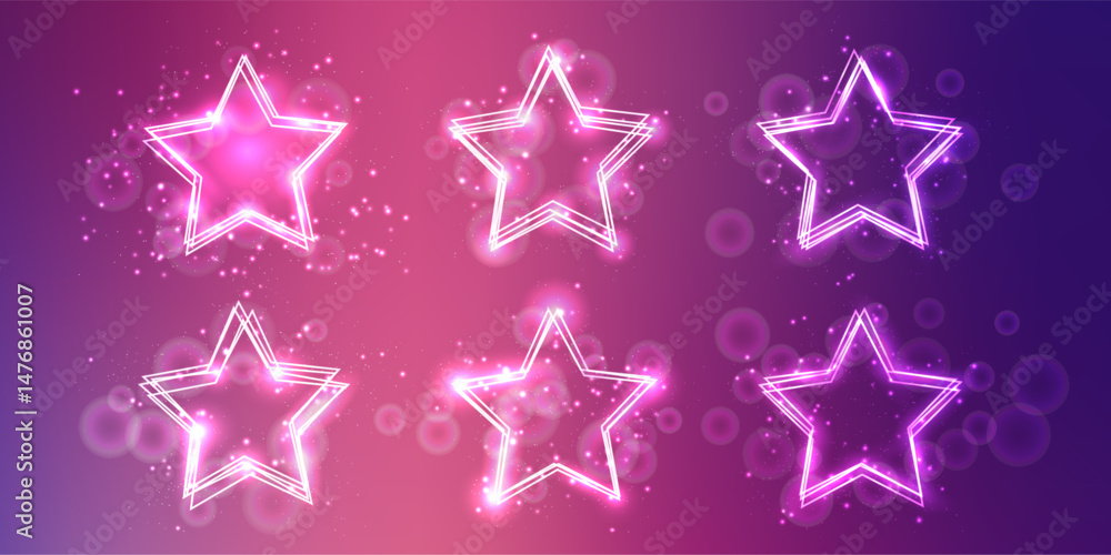 Poster neon frame in star form with shining effects and sparkles