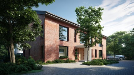 Modern brick residential housing on a tree-lined street bathed in peaceful morning light