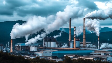  An industrial area with factories emitting greenhouse gases into the air