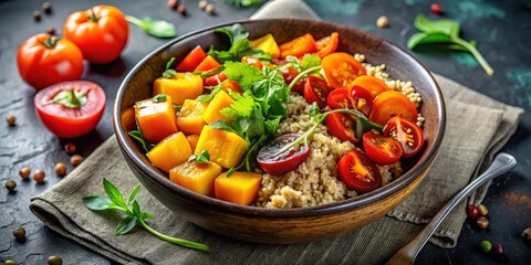 A vibrant and healthy bowl of couscous, featuring diced butternut squash, halved cherry tomatoes, and fresh herbs.