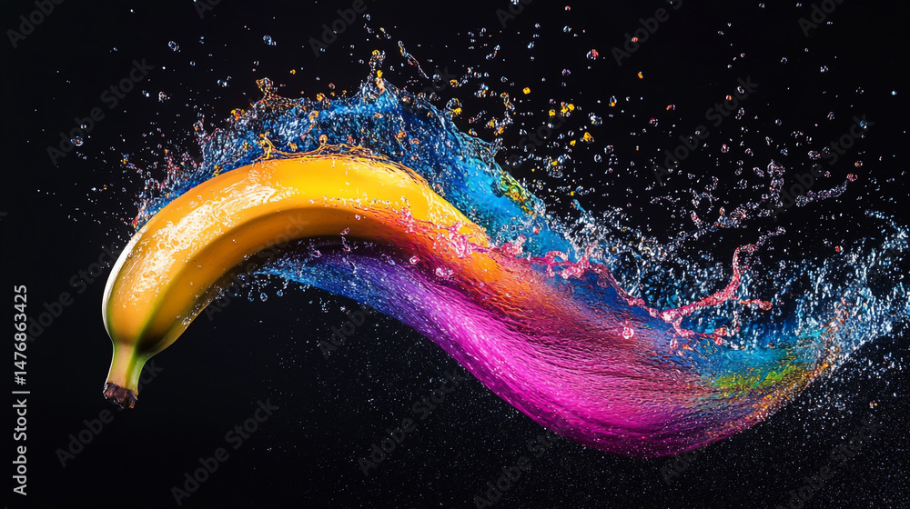 Poster a colorful banana is flying through the air, splashing with water and creating an abstract shape of 