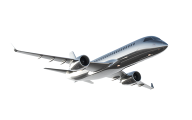 Silver modern airplane flying in the sky with clean white background, representing travel and aviation industry