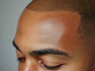 Close up view of man scalp showing micropigmentation and hair texture. image captures details of skin and hair, highlighting natural appearance and artistry of procedure