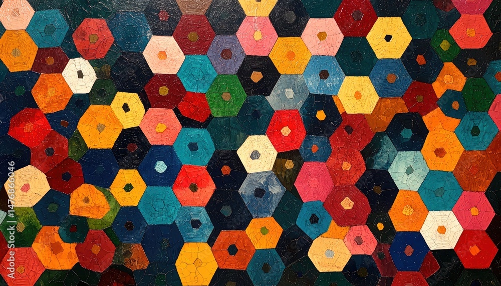 Poster a vibrant painting features a geometric pattern with colorful, textured hexagons. use this as backgr