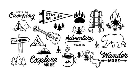 Camping and outdoor adventure vector set with gear, mountains, campfire, tents, trees, and quotes