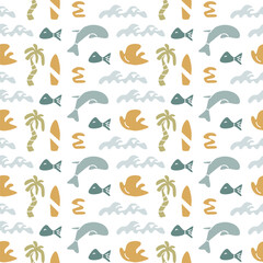 Boho summer elements pattern with tropical fish, waves, and palm trees for design.